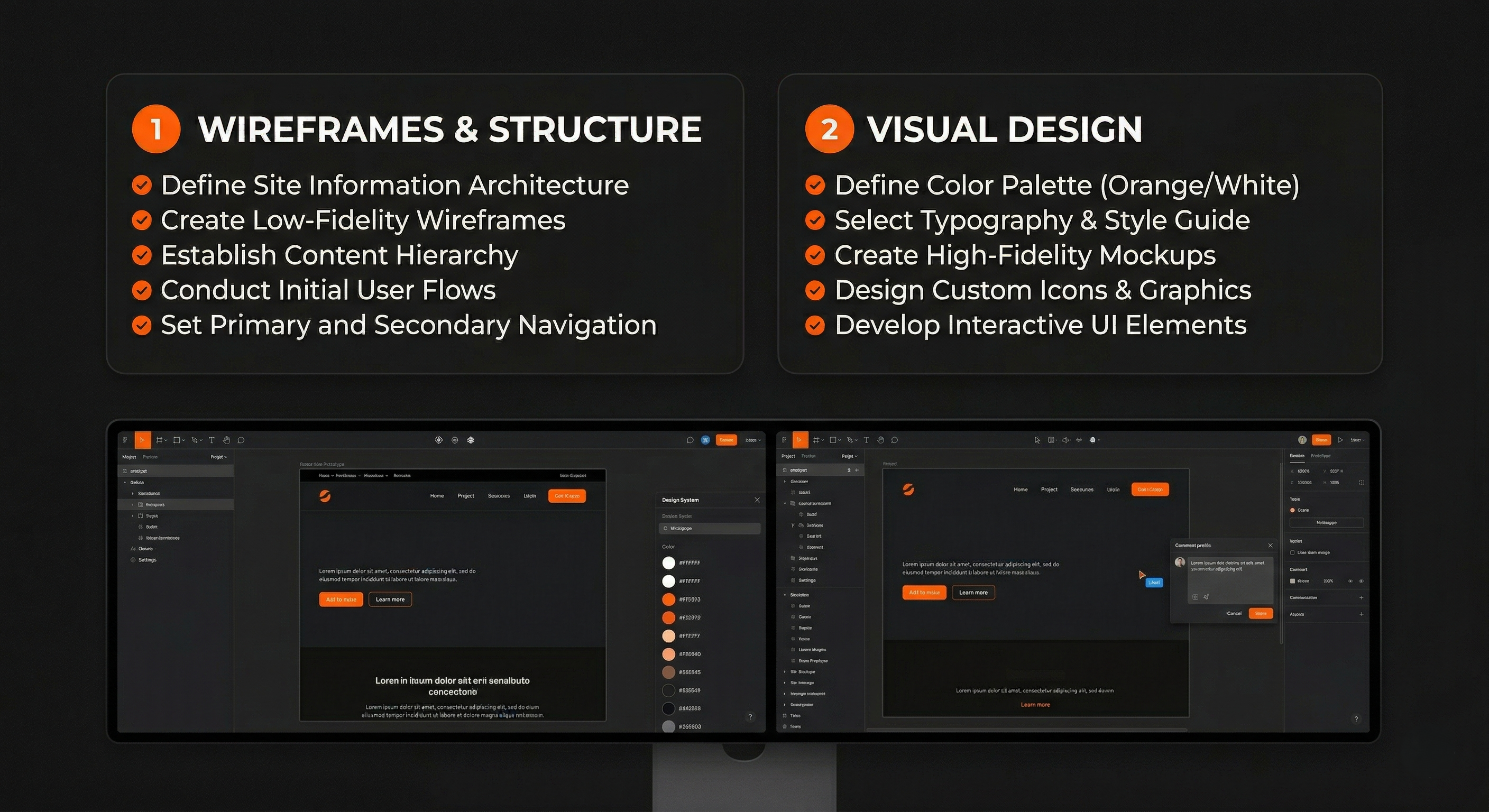 Wireframes and visual design boards showing site structure, color palette, and high-fidelity mockups