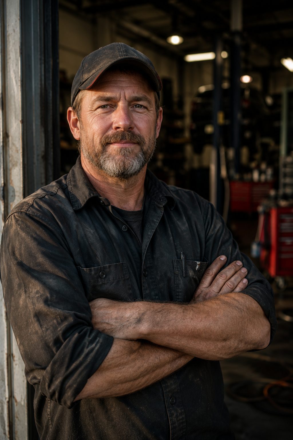 Seasoned mechanic standing in an open bay door, arms crossed