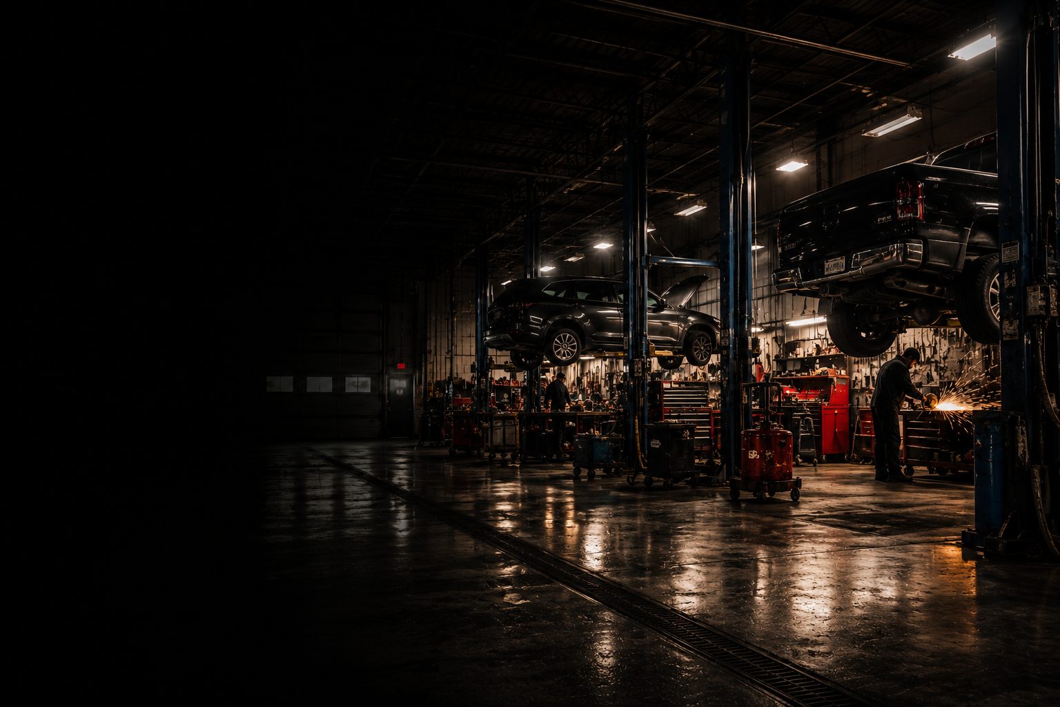 Wide view of the Downeast service floor with vehicles on lifts