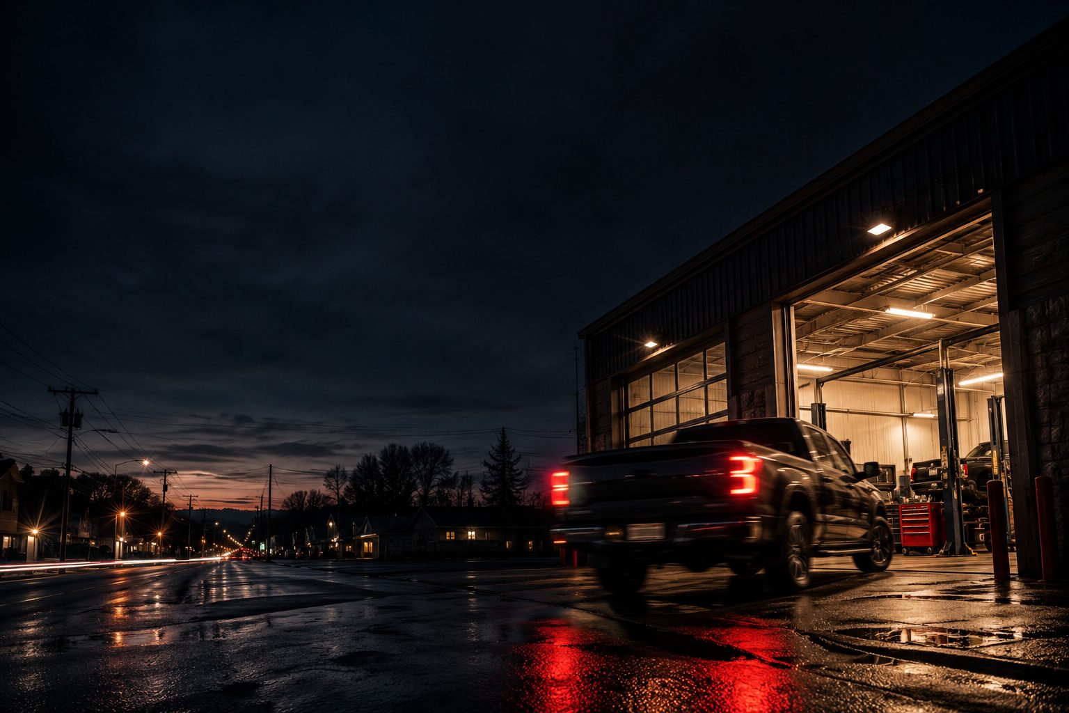 The Downeast Auto and Tire storefront on Pleasant Street at dusk