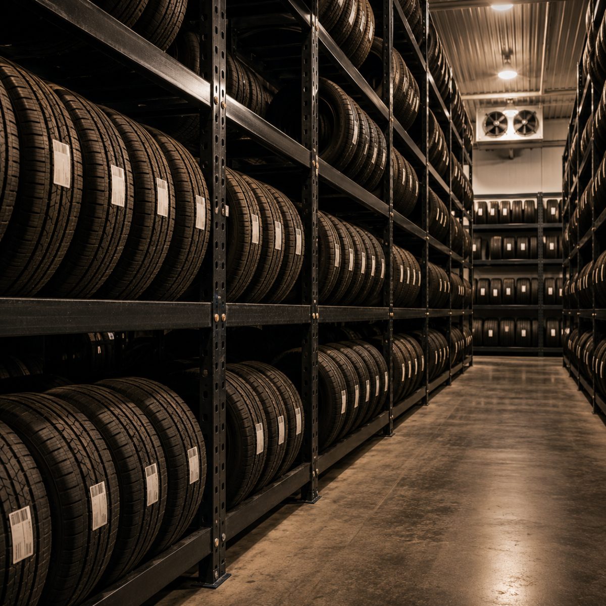 Climate-controlled tire storage rack stacked with seasonal sets