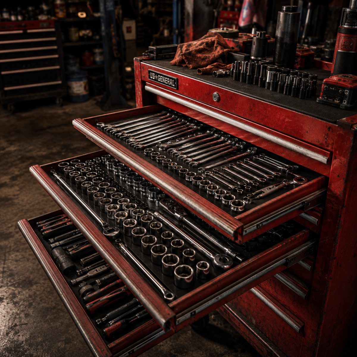 Rolling tool chest with neatly organized wrenches and sockets