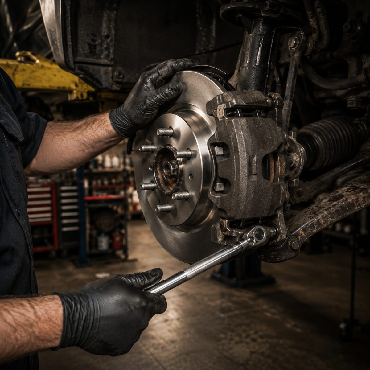 Fresh brake rotor and caliper being installed on a wheel hub