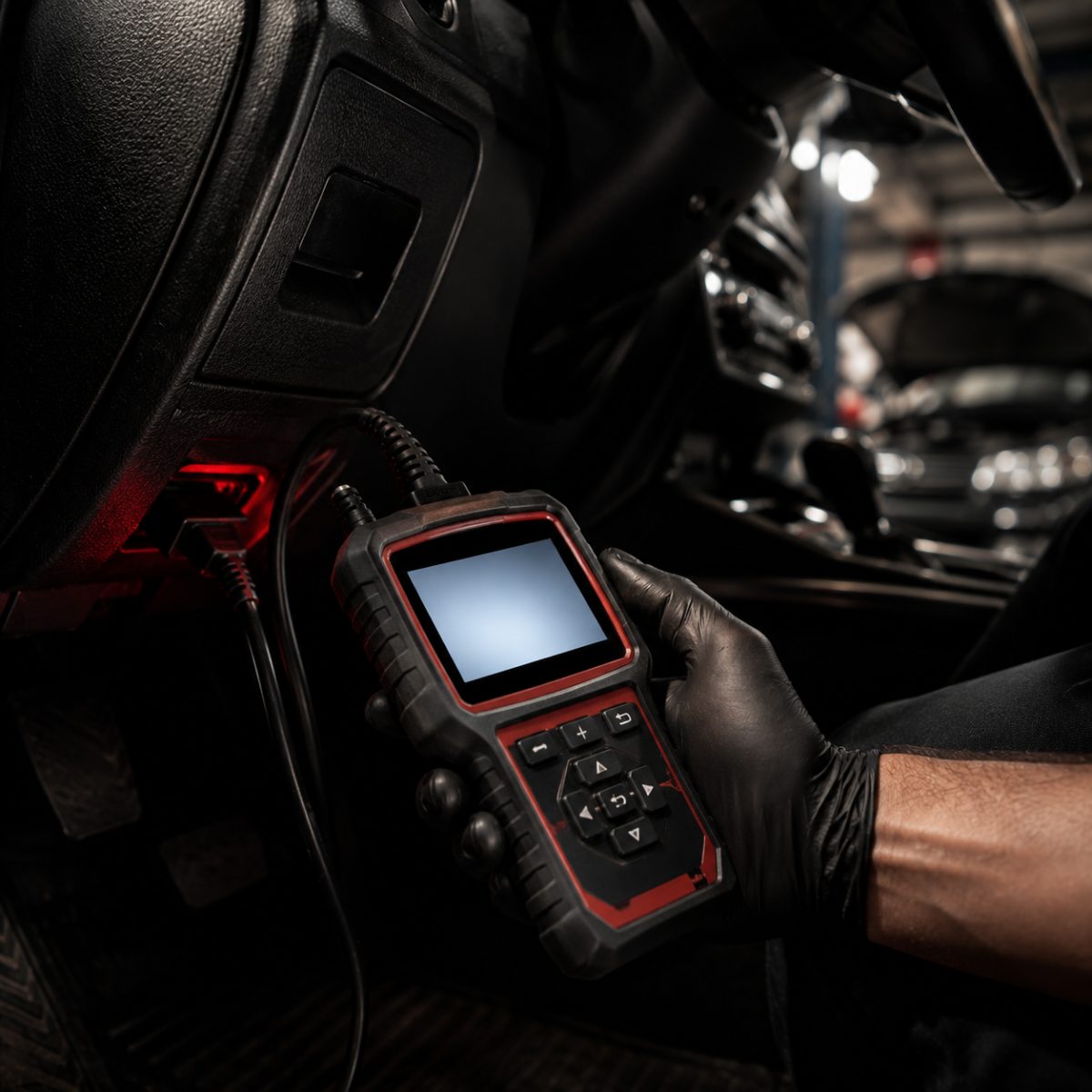 Handheld diagnostic scan tool plugged into a car's OBD port