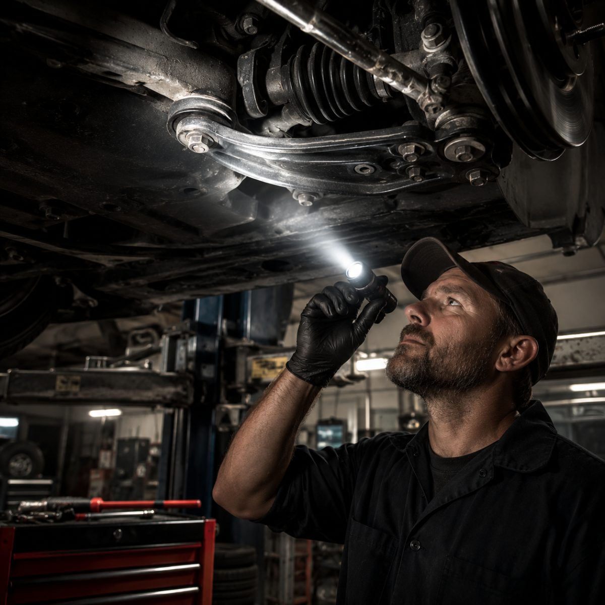 Vehicle on a lift undergoing a state safety inspection