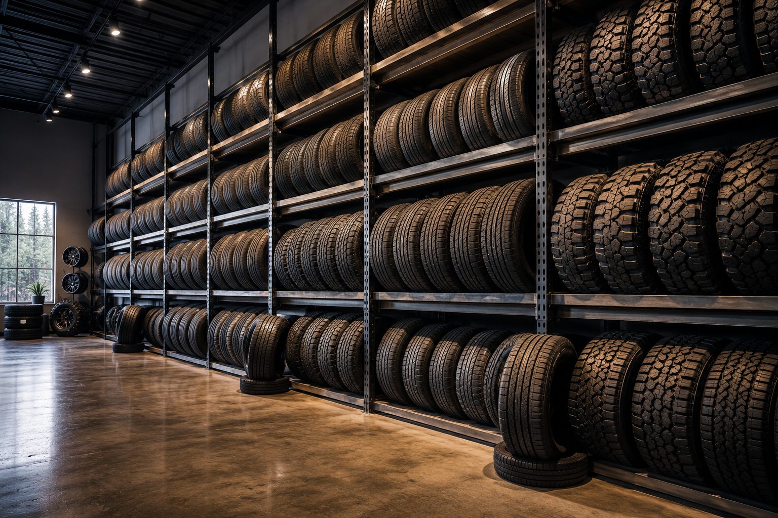 Wall of stacked tires with an aggressive winter snow tire pulled forward