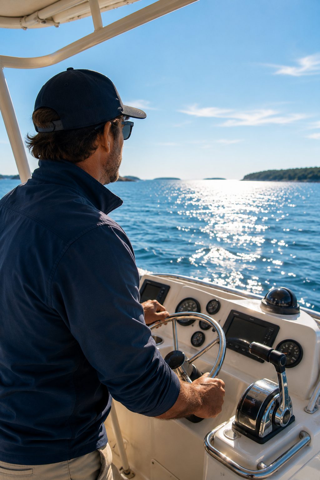 Captain at the helm of a charter boat looking out toward the open horizon