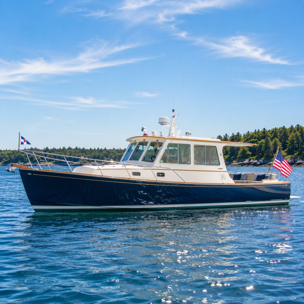 Classic Maine Downeast cruiser with enclosed cabin idling on calm blue water