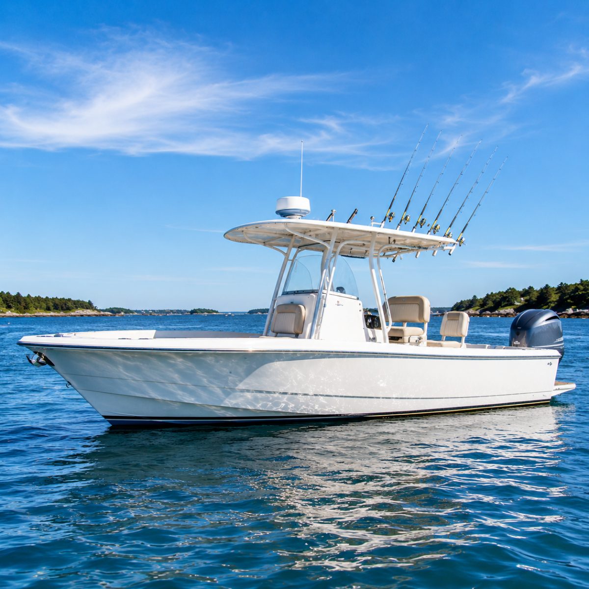 Clean 28-foot center-console fishing boat on calm sunlit blue water