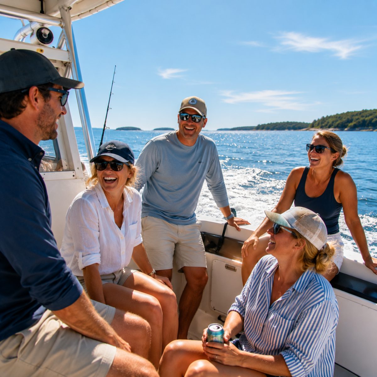 A cheerful crew enjoying a sunny day on the open deck of a charter boat