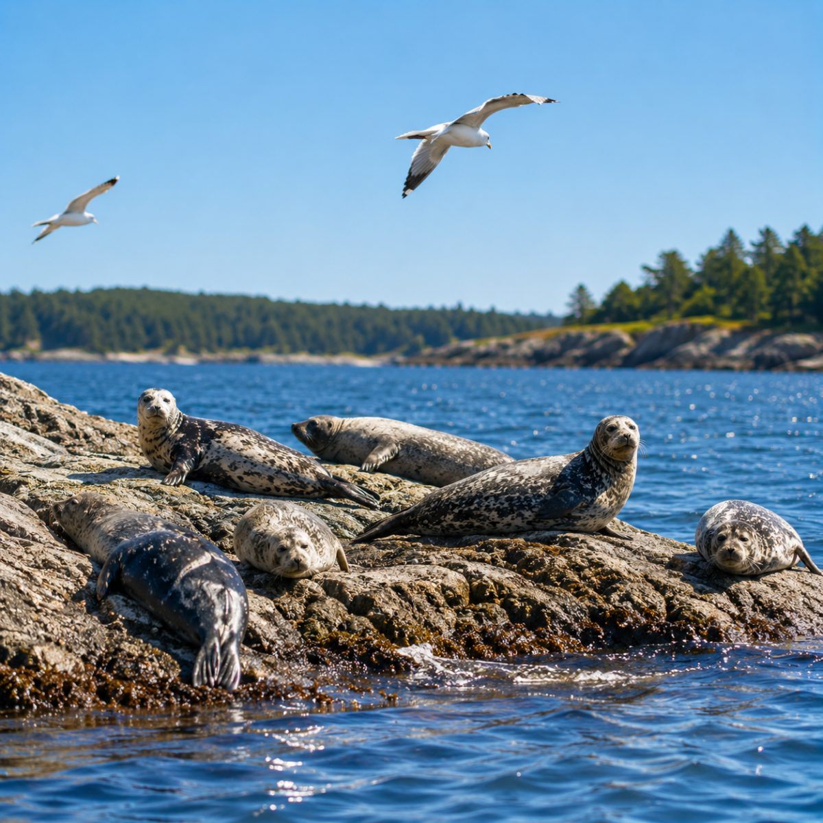 Harbor seals hauled out on a sun-warmed rocky ledge beside blue Casco Bay water