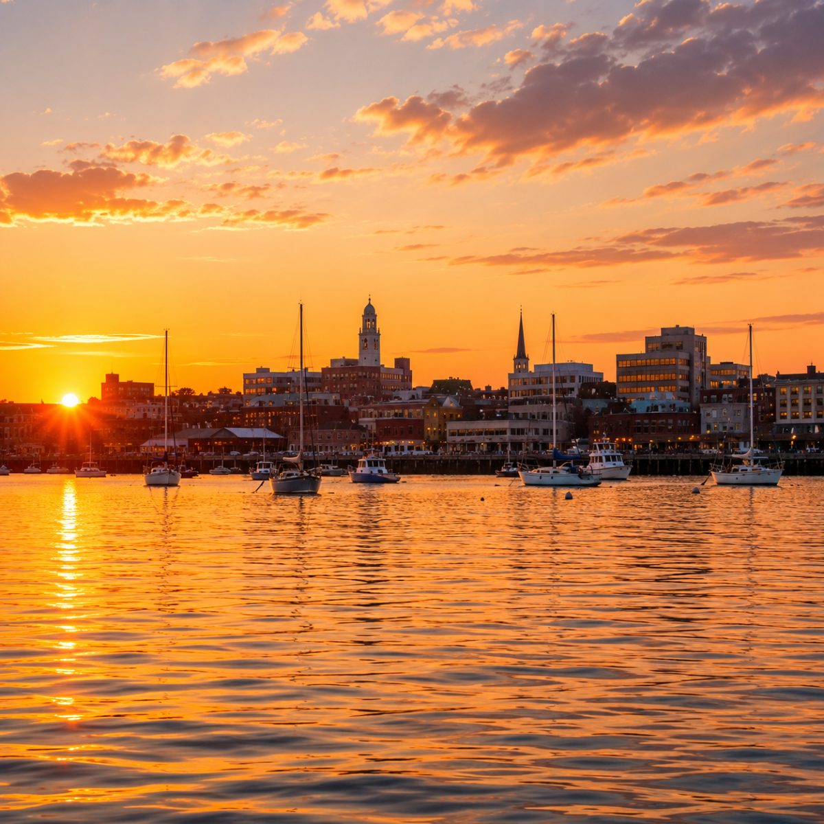 The Portland waterfront skyline glowing at golden hour seen from the water