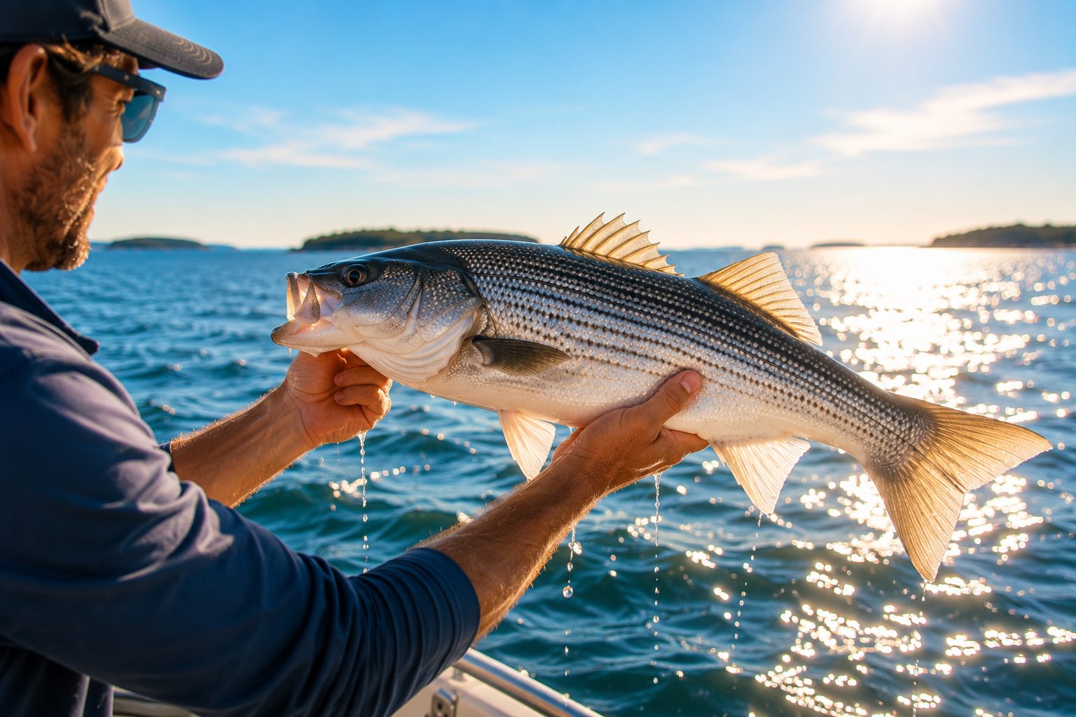 A fresh striped bass held up over the rail against sparkling blue water