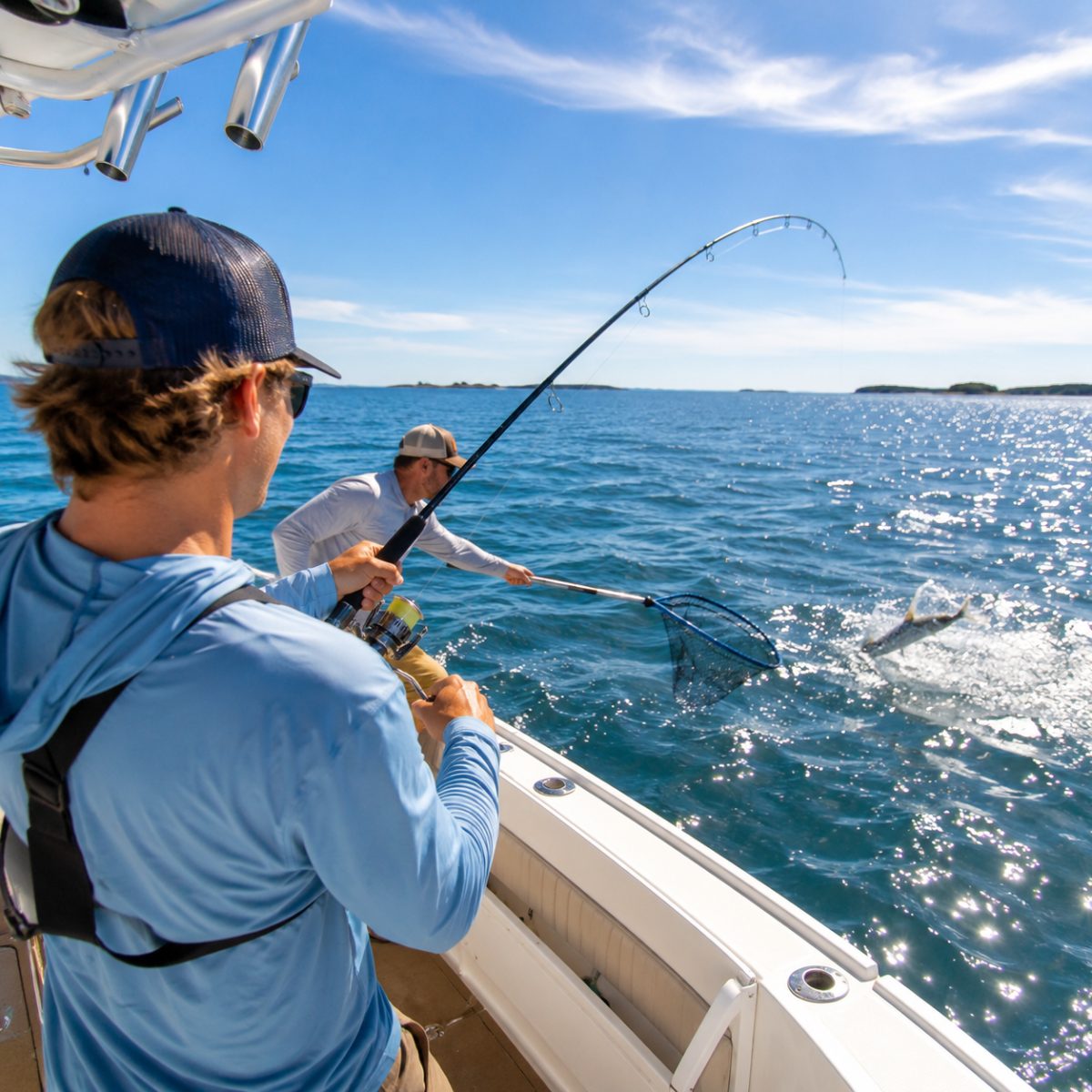 Angler fighting a fish on the deck of a center-console boat on Casco Bay