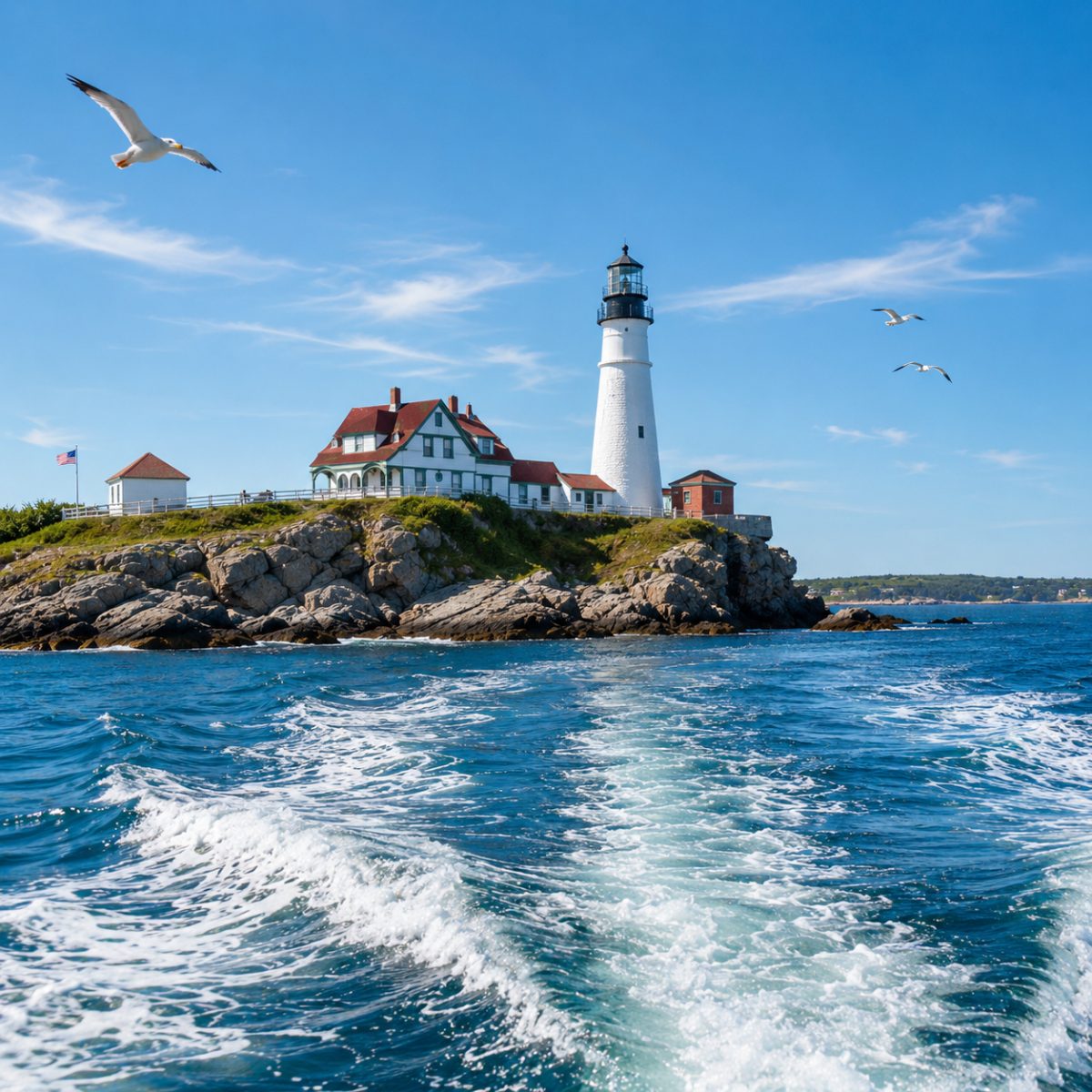 White New England lighthouse on a rocky headland seen from the water
