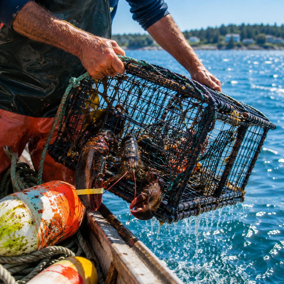 Weathered hands lifting a dripping lobster trap over the rail of a Maine lobster boat