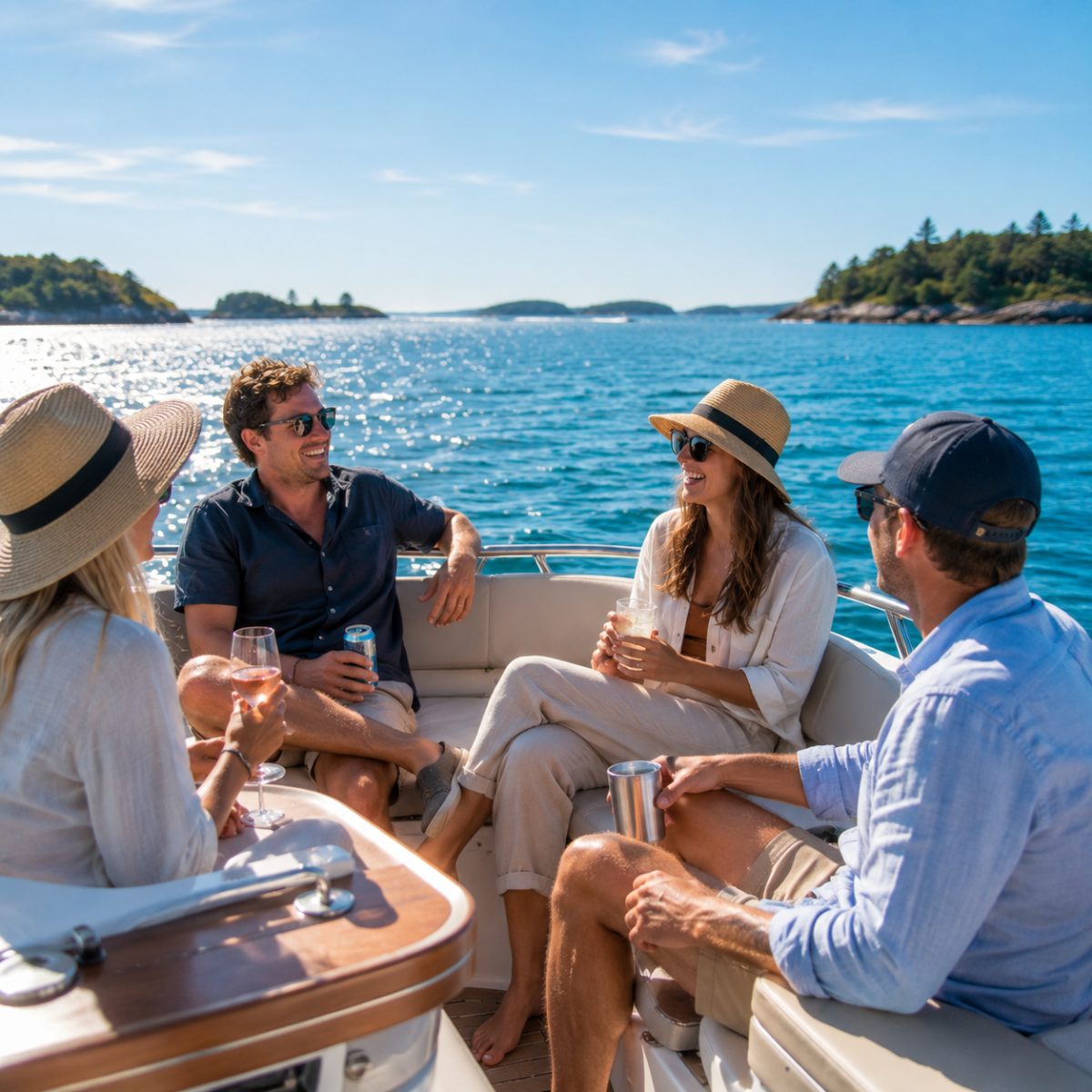 Friends relaxing and laughing on the open deck of a cruiser boat