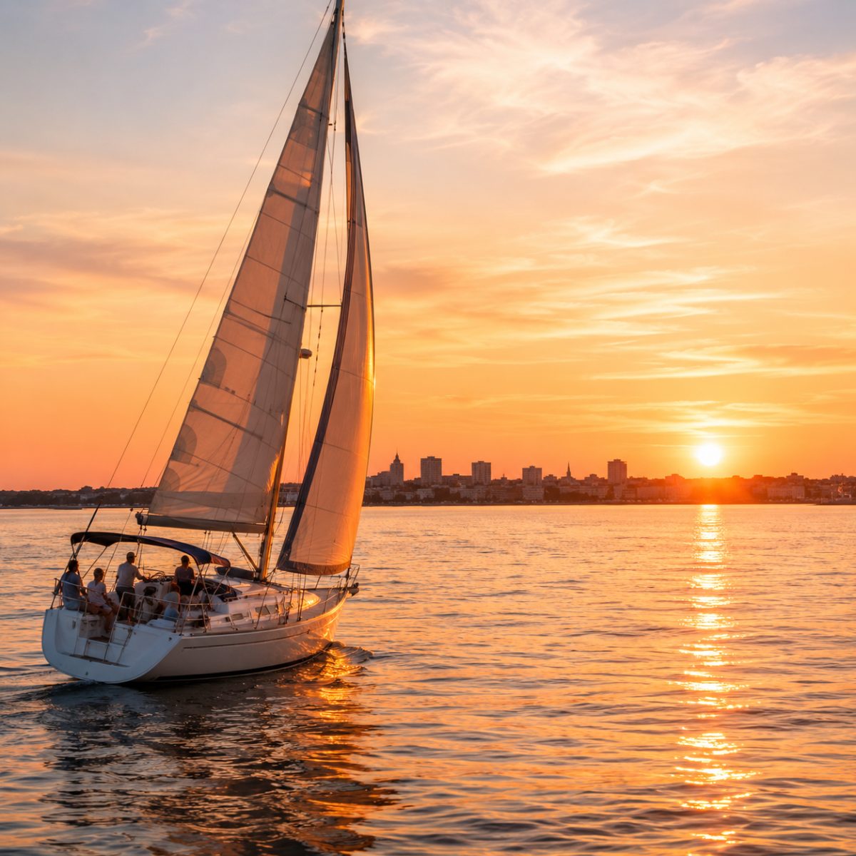 Sailboat on golden evening water with the Portland skyline behind