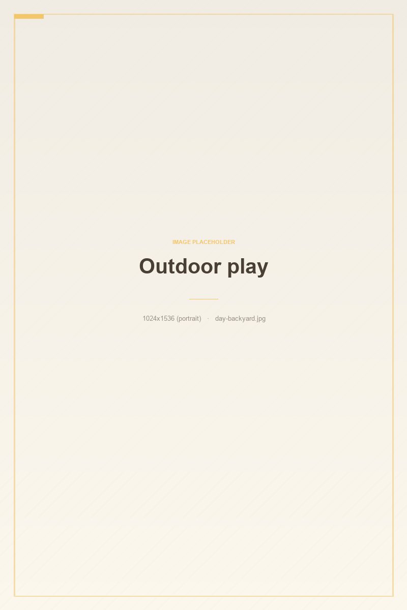 A fenced backyard daycare play area with a wooden play structure, sandbox, and a child splashing in a puddle
