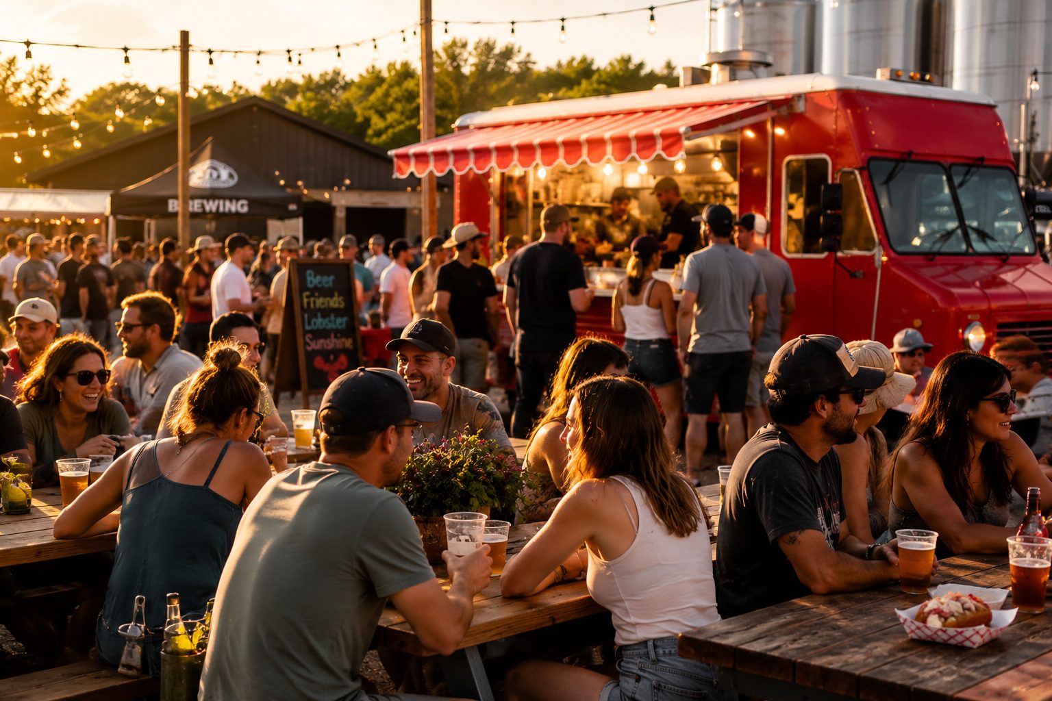Happy summer crowd at a brewery pop-up around the food truck