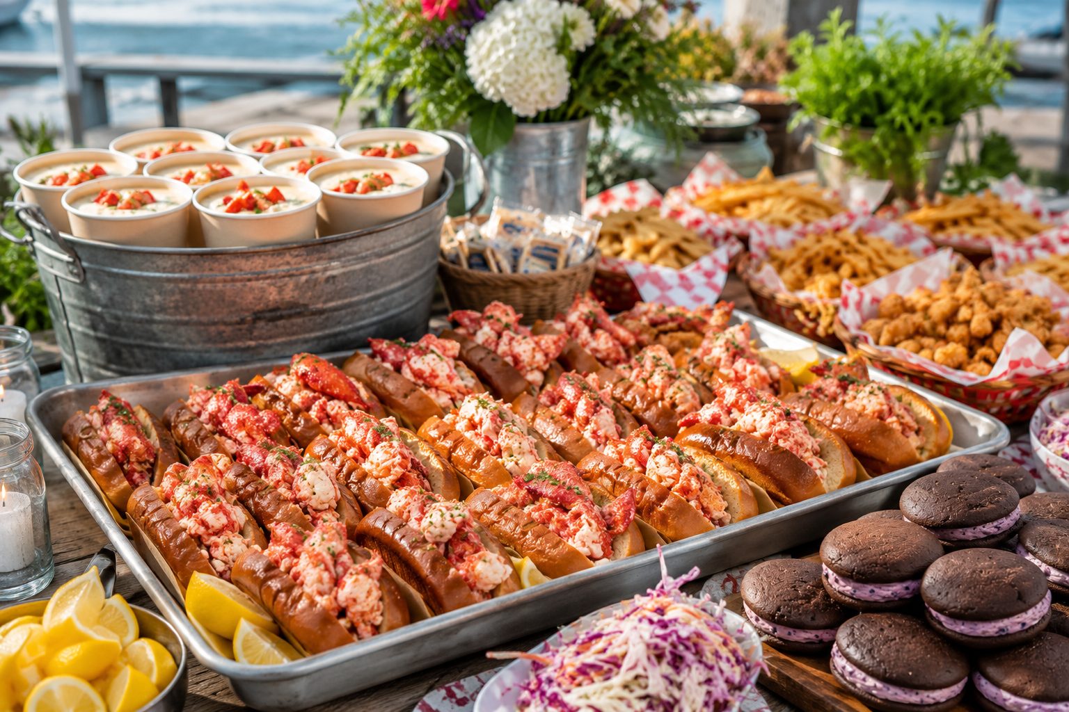 An abundant catering spread of lobster rolls, chowder cups, fries and whoopie pies