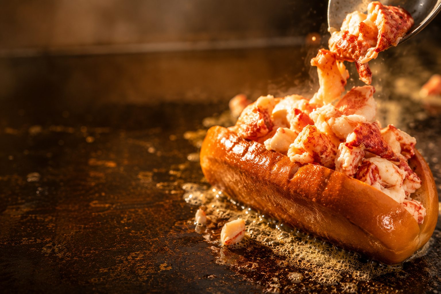 A buttered split-top bun being filled with chunky lobster on the flat-top griddle