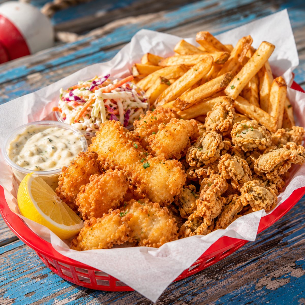 Red paper basket of fried haddock bites, clams and hand-cut fries