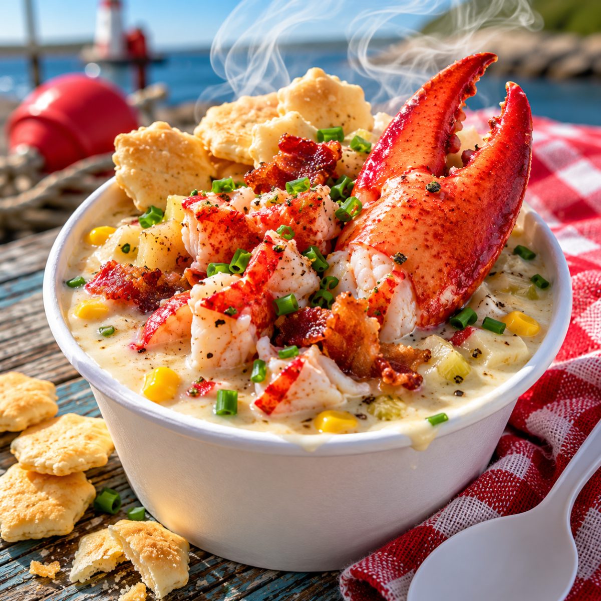 Cup of Maine clam-and-corn chowder topped with a lobster claw