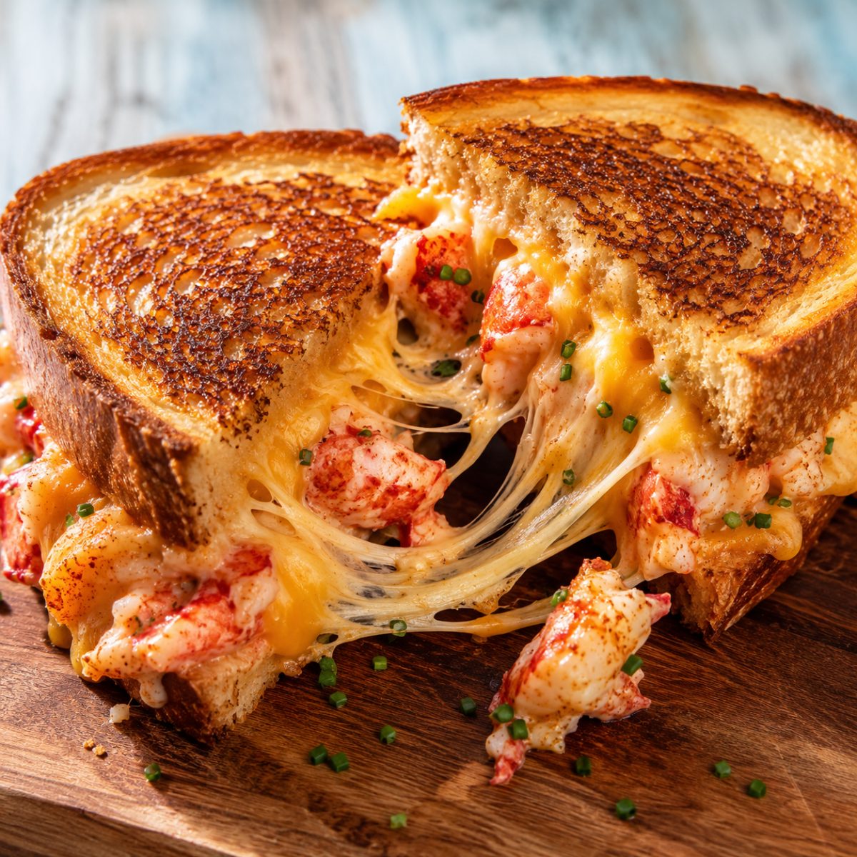 Lobster grilled cheese pulled apart to show melted cheddar and buttered lobster