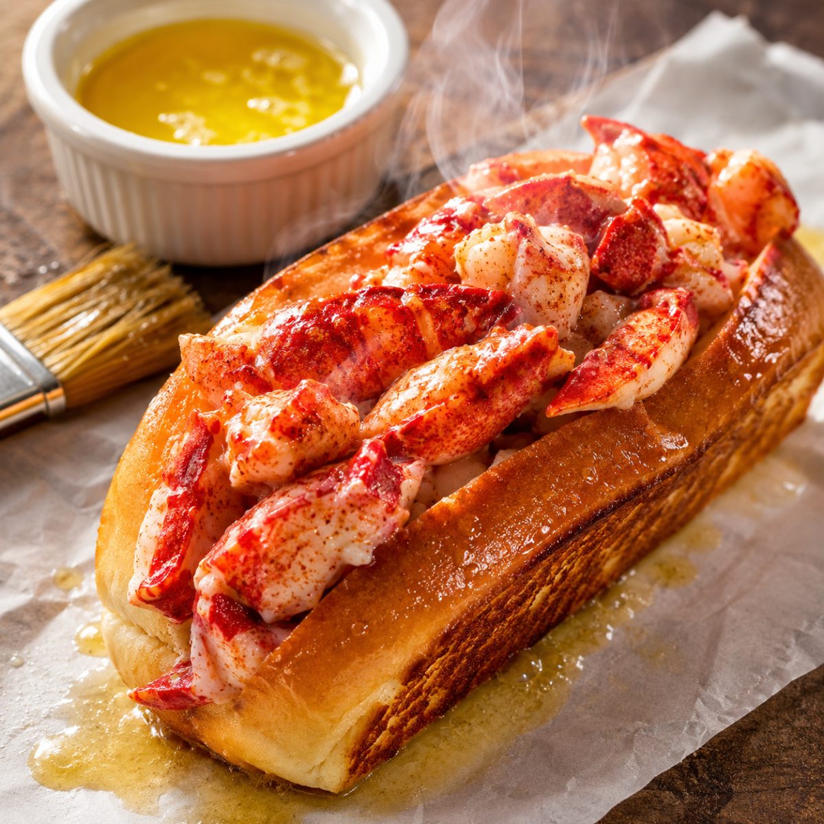 Hot buttered Connecticut-style lobster roll spilling out of a toasted split-top bun