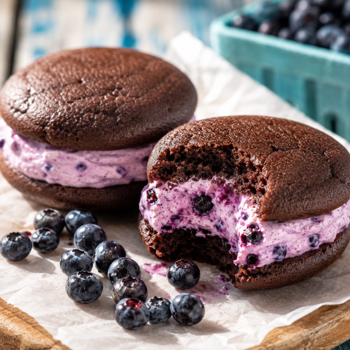 Wild Maine blueberry whoopie pie with purple-flecked cream filling