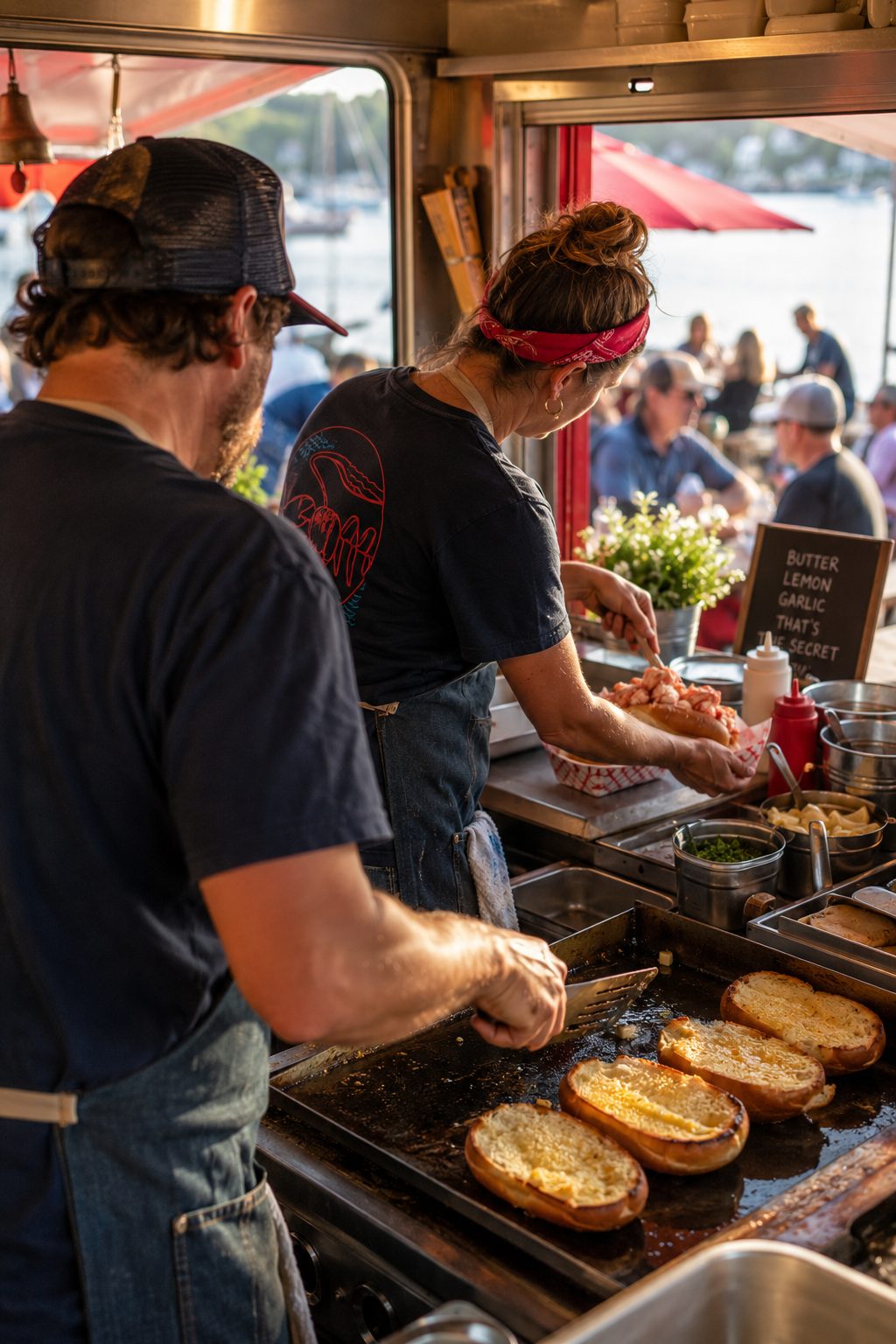 The two owners working the food-truck window, griddling buttered buns and plating a lobster roll