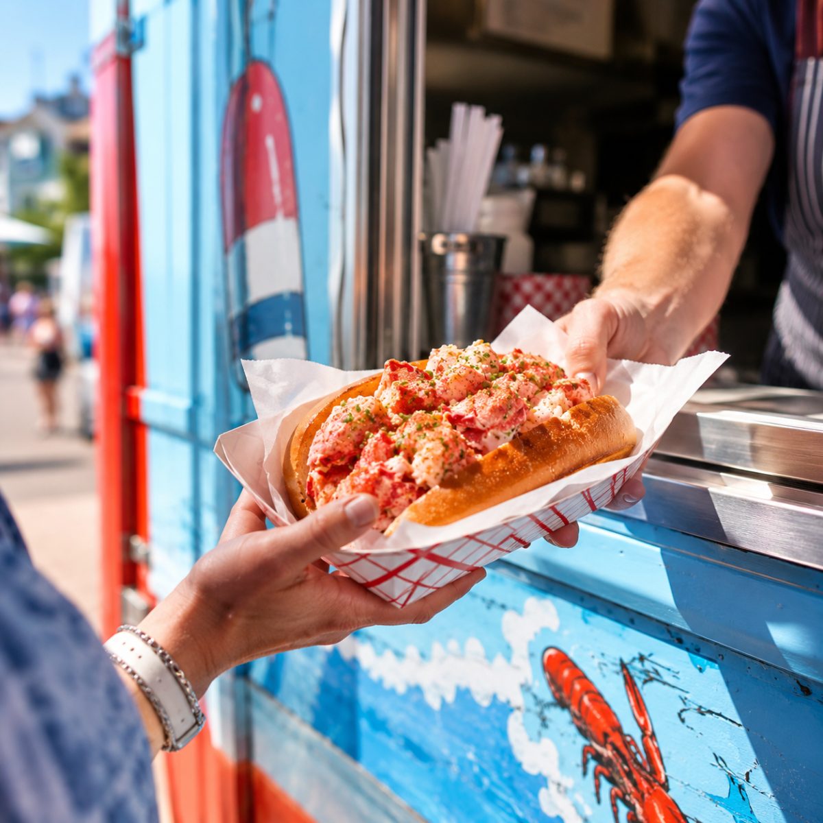 A hand passing a lobster roll out the truck service window to a customer