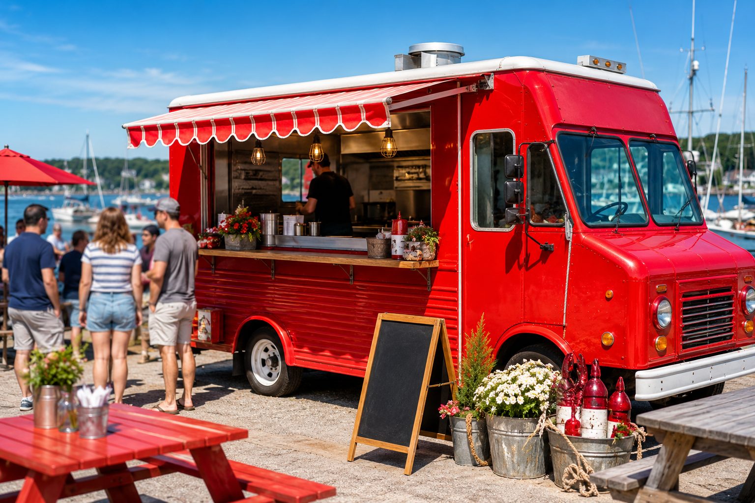 The bright lobster-red food truck parked at a Maine waterfront spot