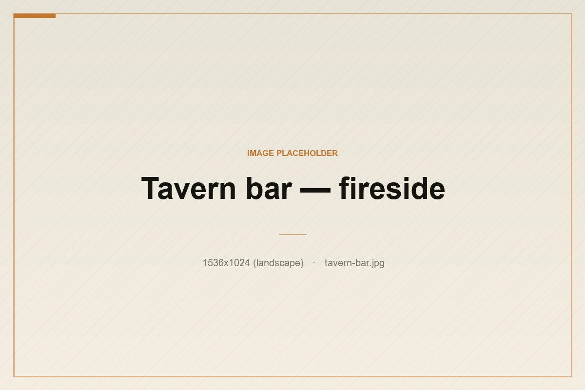 The tavern bar — brass taps, blackened steel, a central hearth