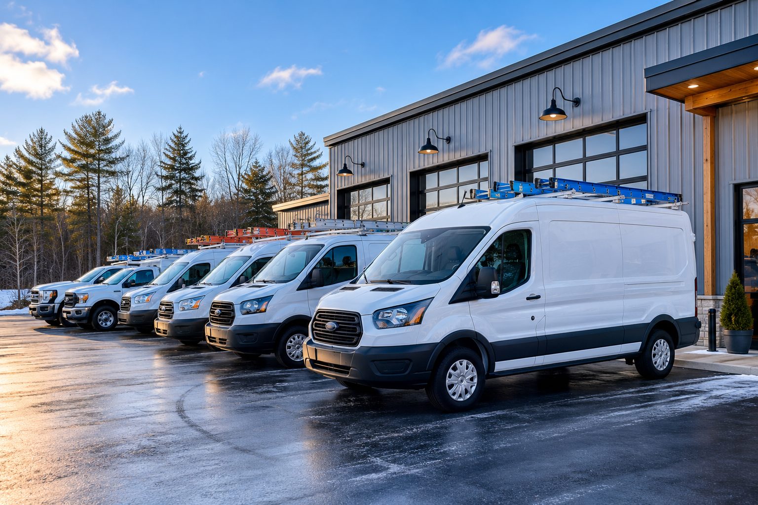 A row of clean white Cardinal HVAC service vans lined up outside the company shop under a clear winter sky