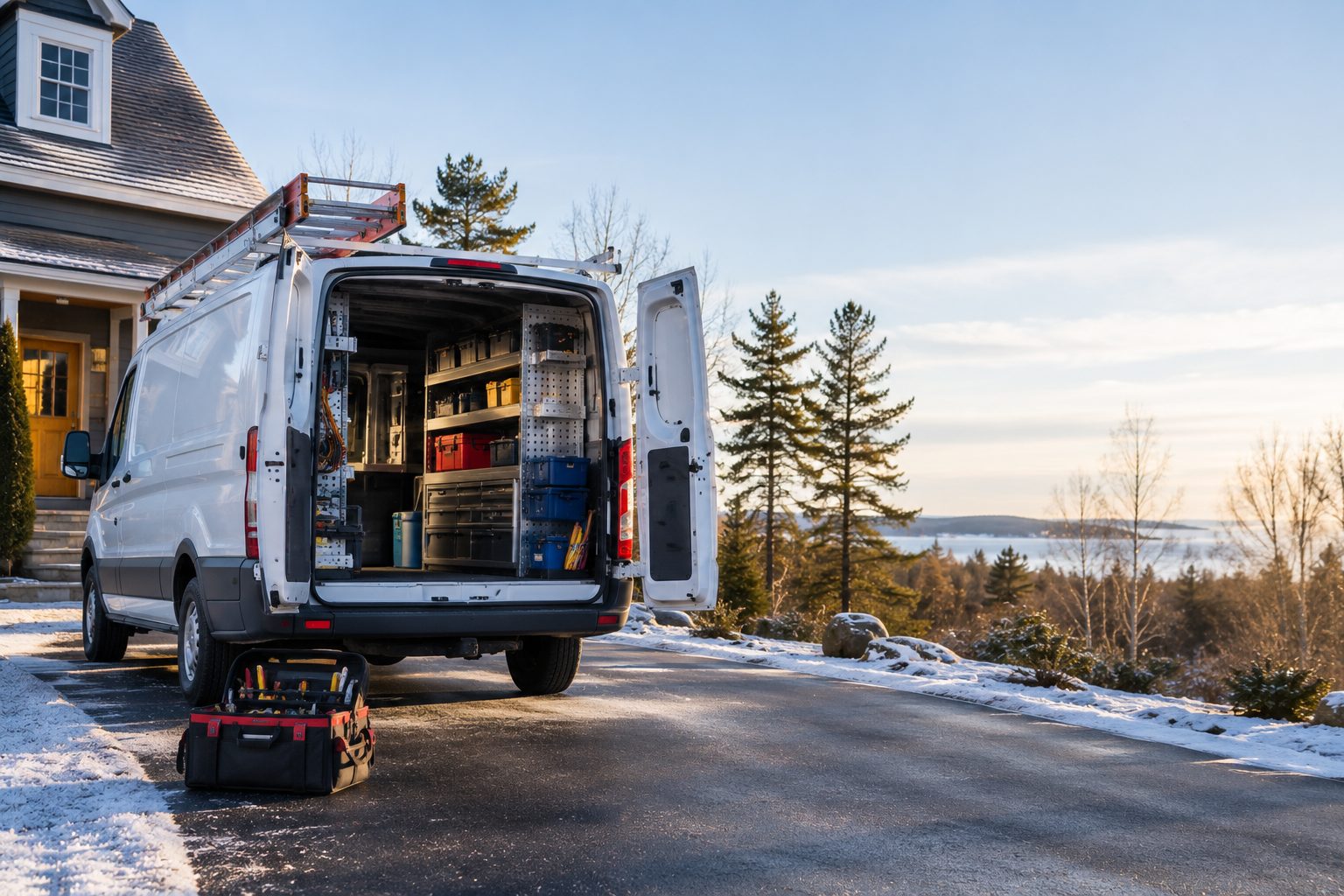 A clean white service van parked in a Maine driveway with its rear doors open, showing organized shelving and a stocked tool case