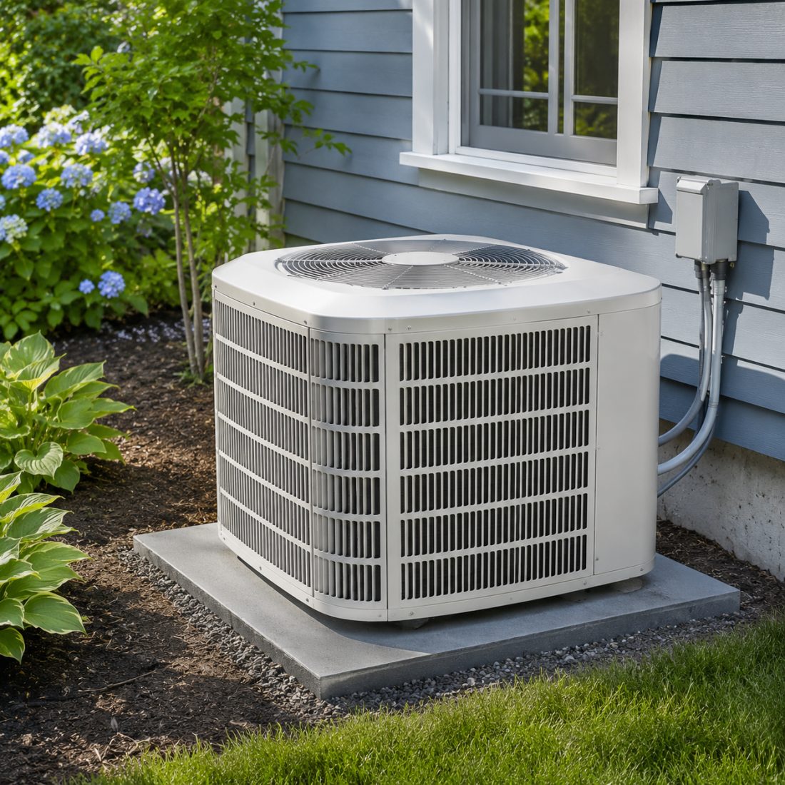 White central air-conditioning condenser on a concrete pad beside a Maine home with hydrangeas