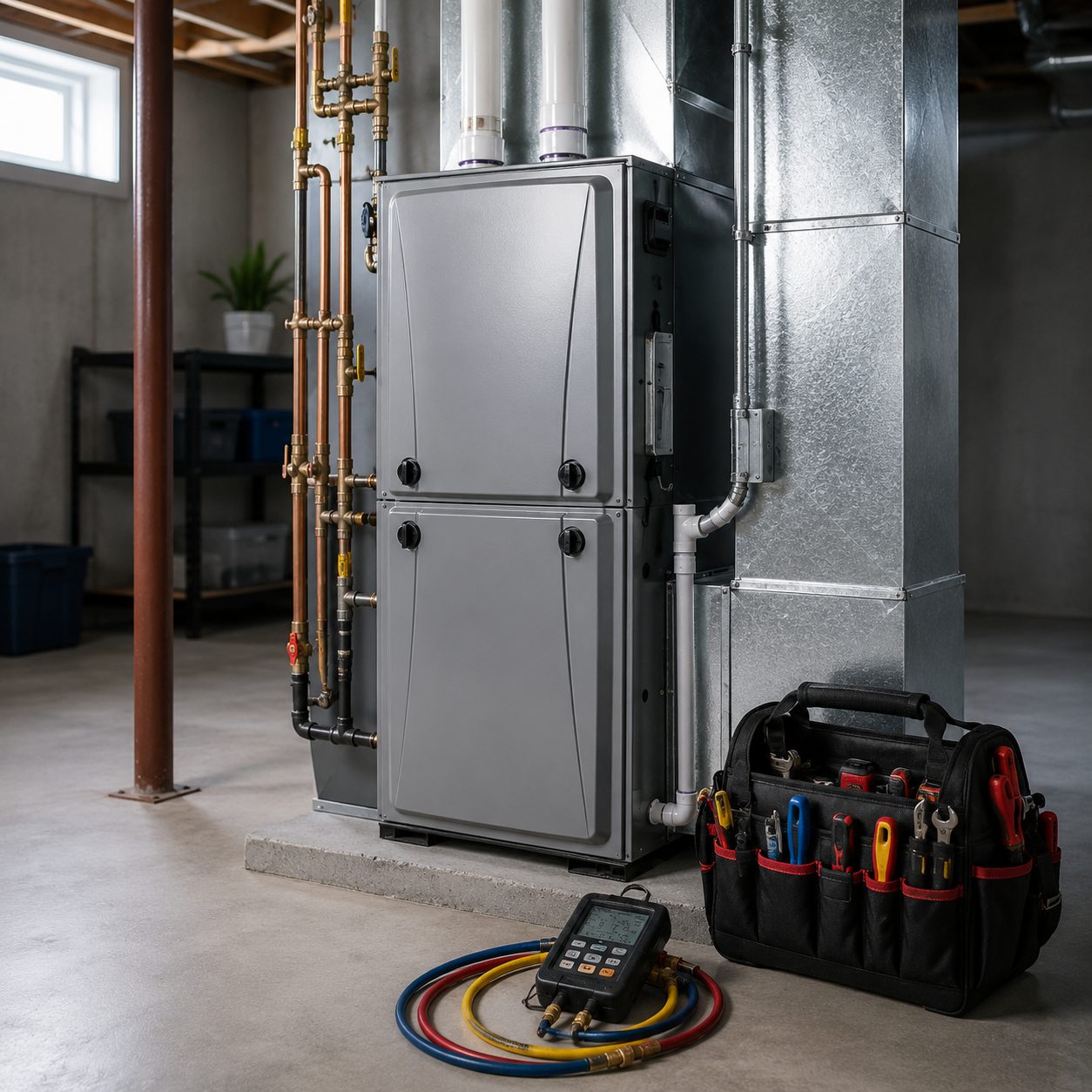 Modern high-efficiency furnace in a tidy basement with copper piping and a technician's tool bag