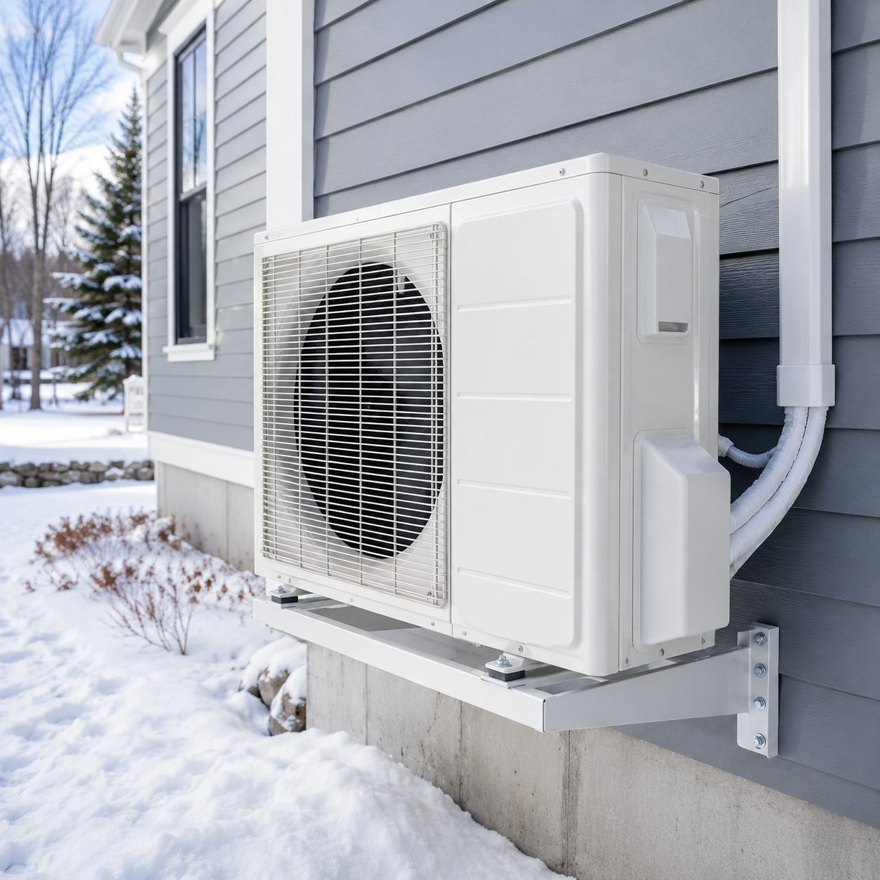 White outdoor heat pump condenser mounted on the gray siding of a Maine home in light snow