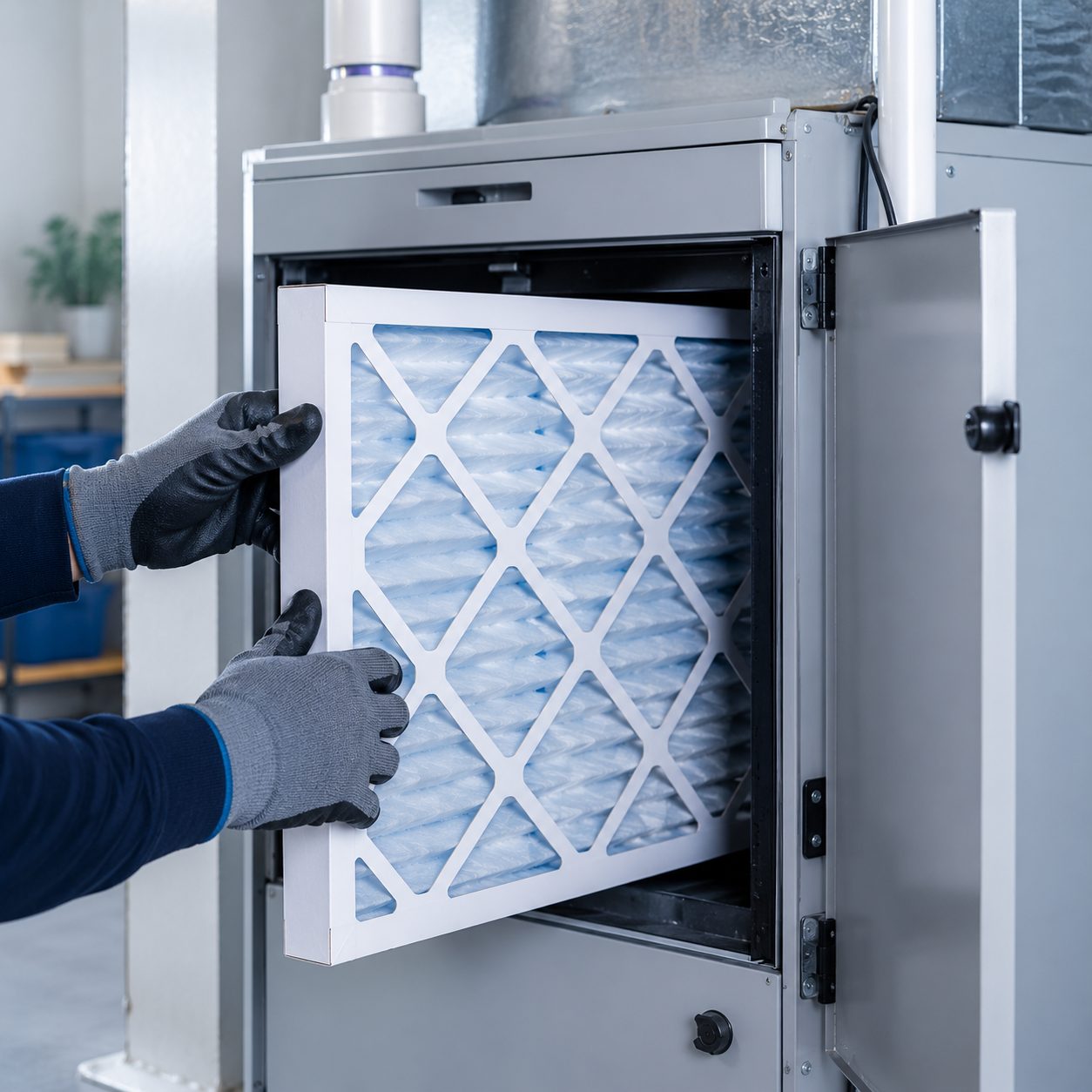 Gloved hands sliding a fresh pleated air filter into a whole-home filtration unit