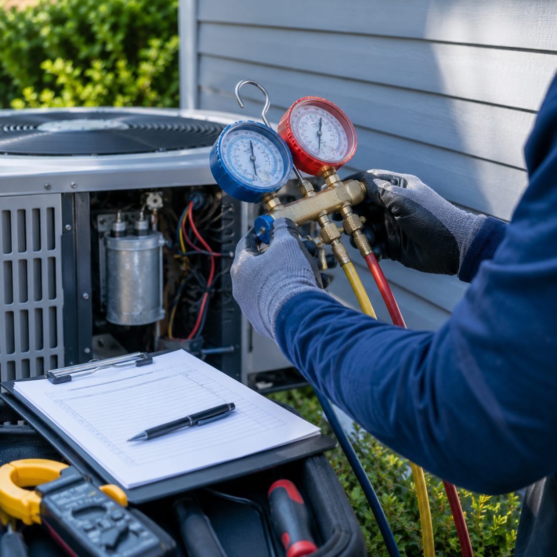 Technician's gloved hands reading a refrigerant manifold gauge during an HVAC tune-up with a checklist nearby