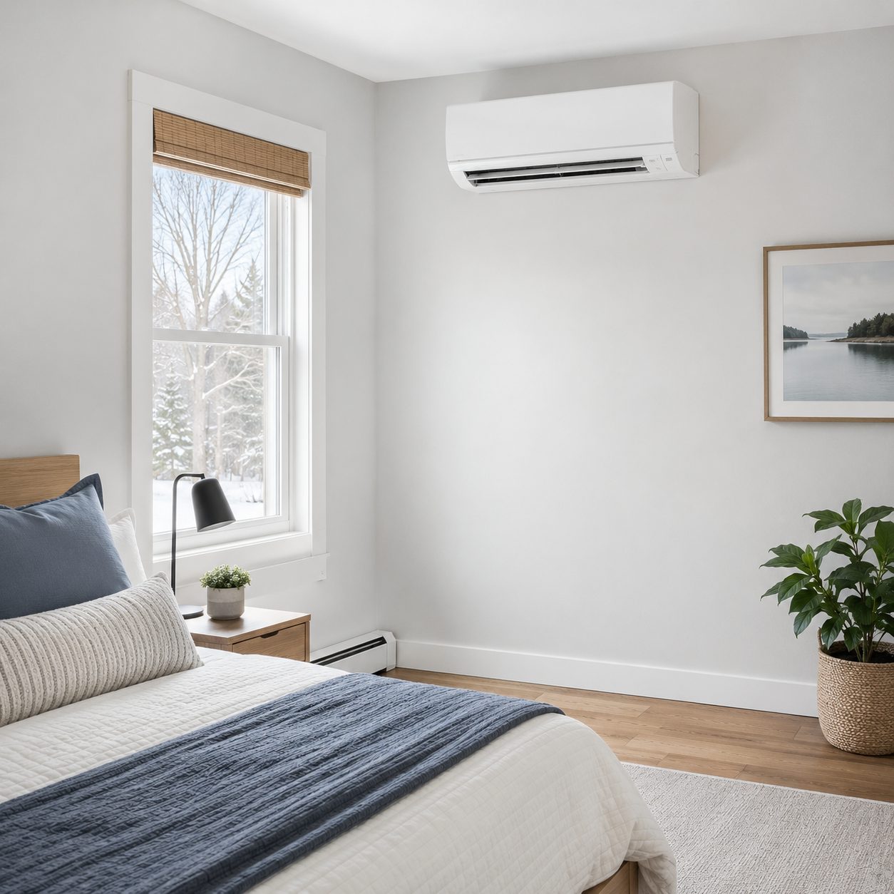 White ductless mini-split head unit mounted near the ceiling of a bright Maine bedroom with wood floors