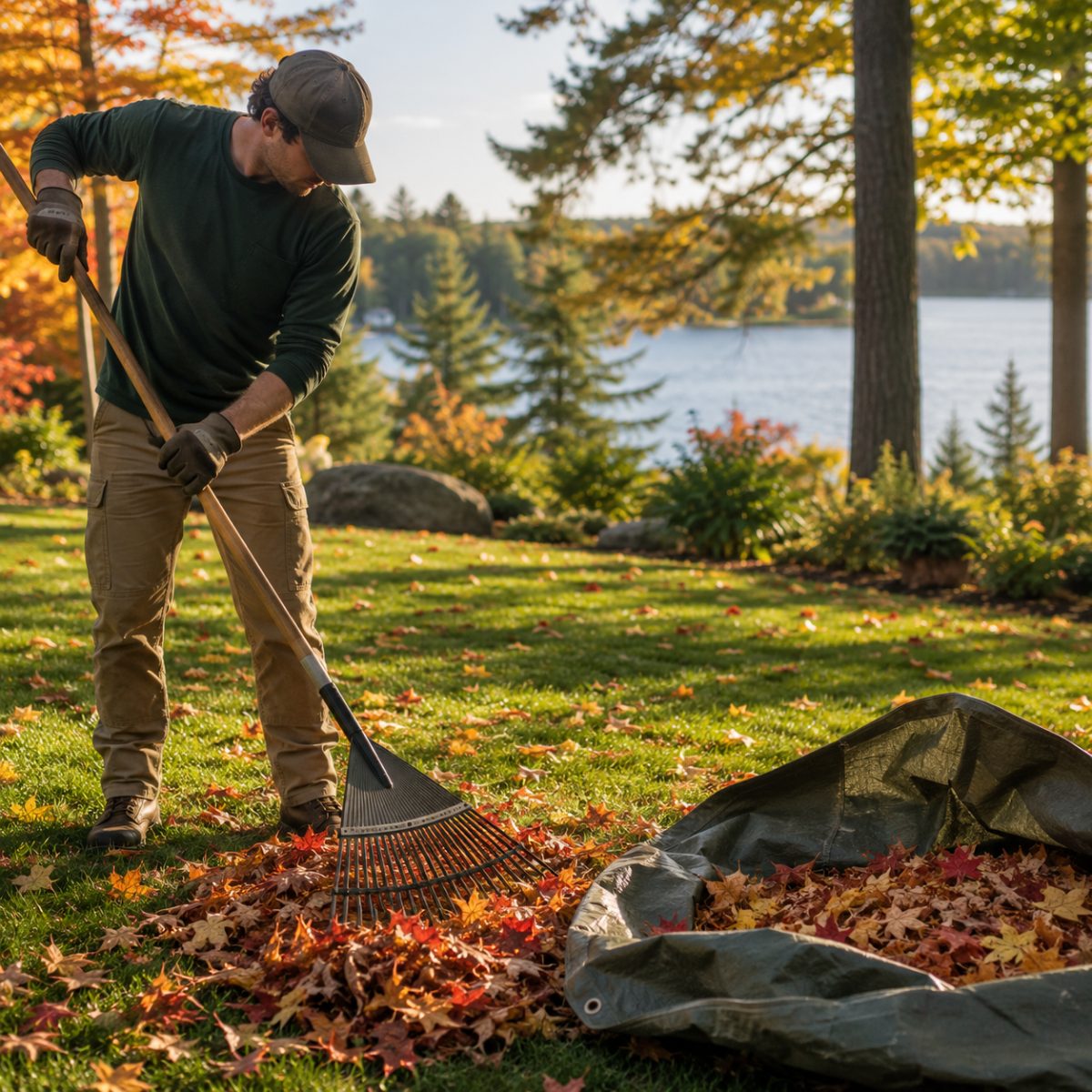 Crew clearing autumn leaves from a Maine lawn during a fall cleanup