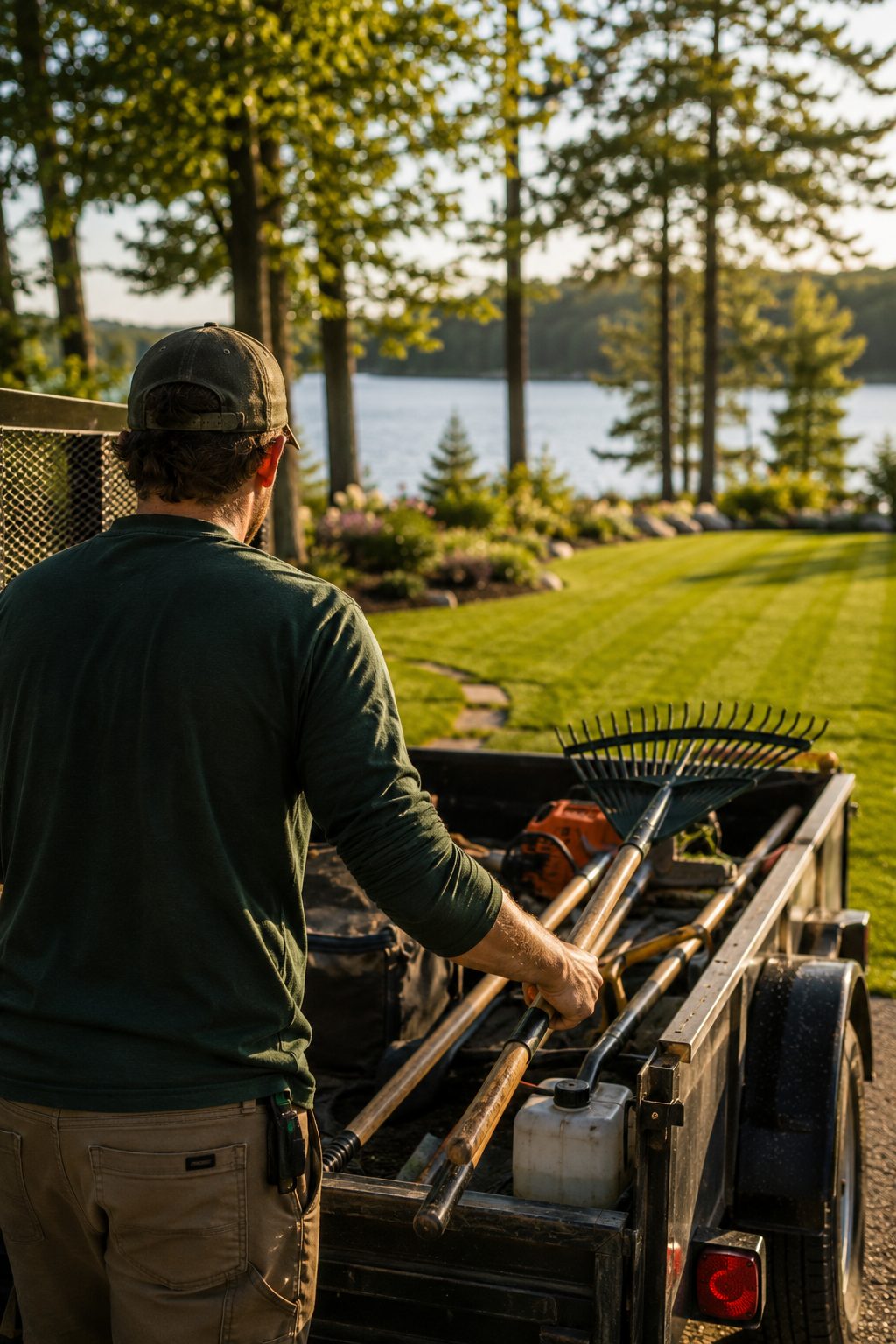 A Sebago Lawn & Landscape crew truck and trailer parked beside a tidy Maine lawn