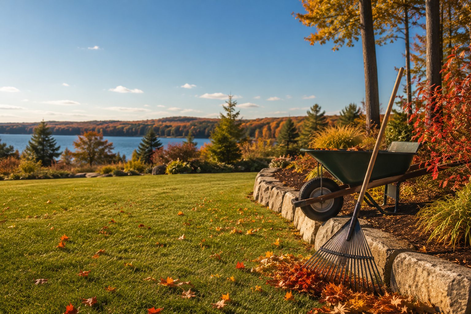A neatly maintained Maine yard in early autumn with a few colorful fallen leaves