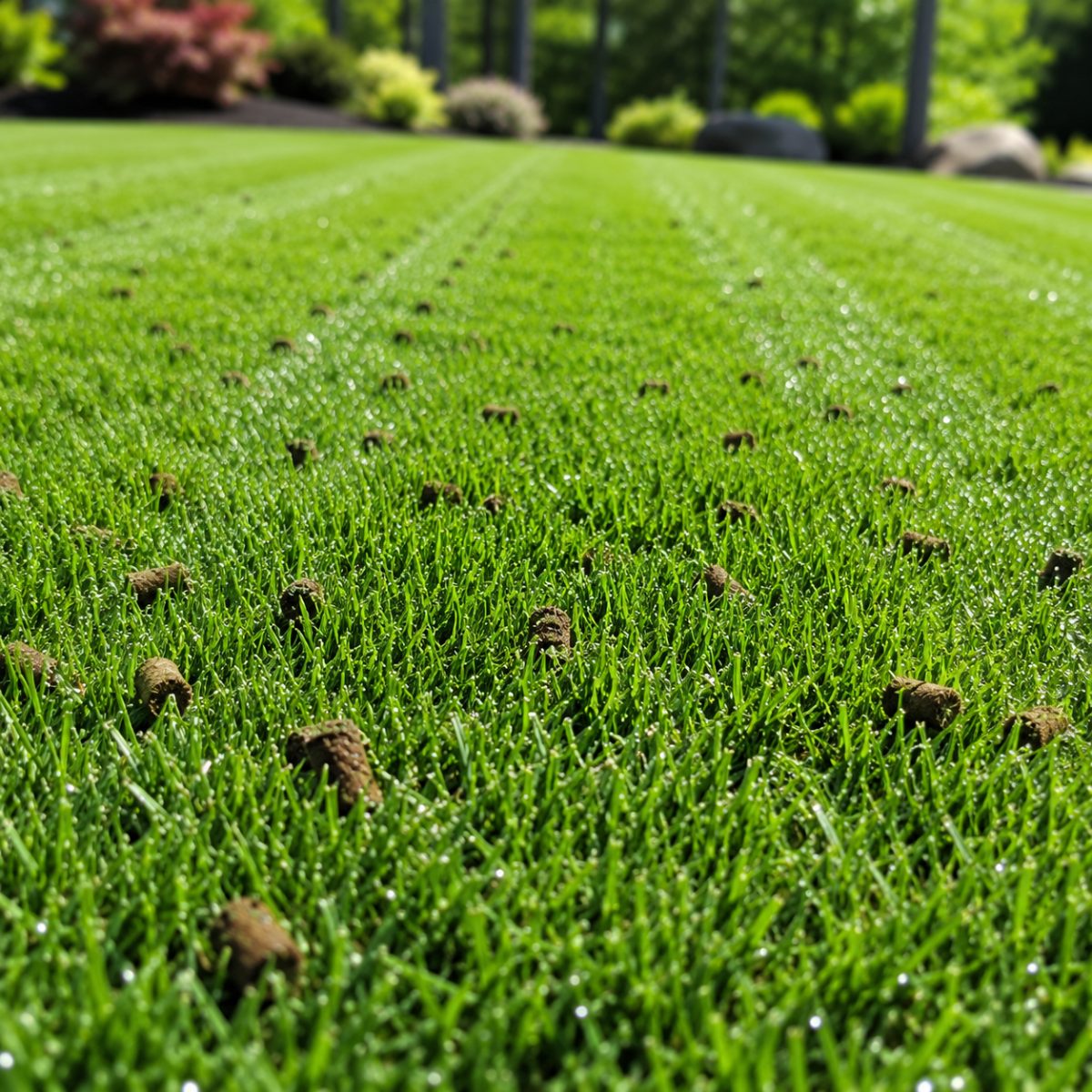 Thick, healthy green lawn that has been aerated and fed