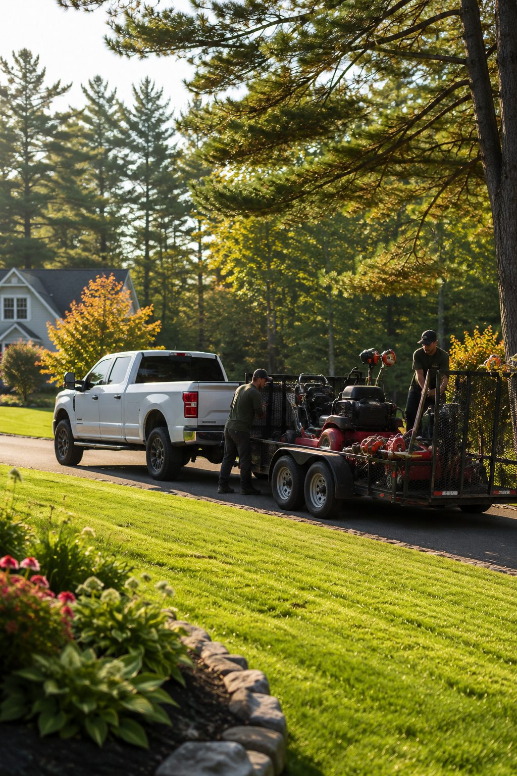 A landscaper loading tools onto a trailer beside a freshly mowed lawn in warm morning light