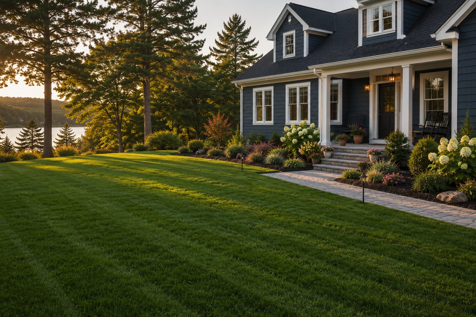 Thick, renovated front lawn in front of a Maine home