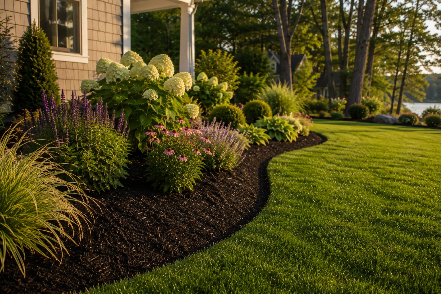 Freshly mulched garden bed with sharp spade edging and blooming perennials
